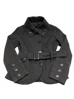 Y2K Nass Women Grey Plaid Belted Wool Blend Coat Oversized Collar Side Buttons M